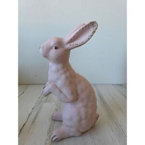 Crackle pink Easter Bunny statue of rabbit ceramic spring decor vtg style